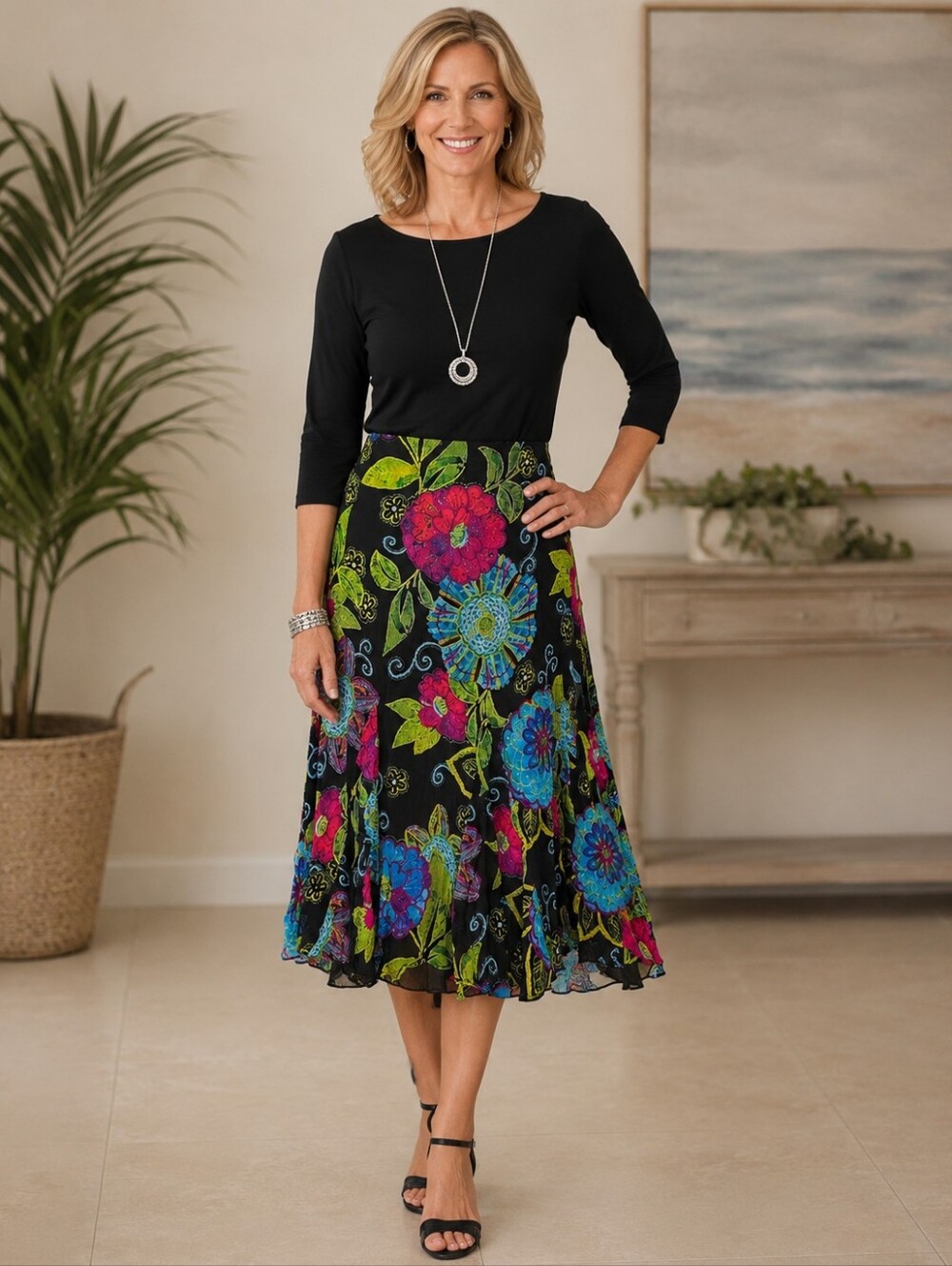 CHICOS Womens Godet Skirt Multicolor Black Floral Lined 100% Silk Size 2 Large